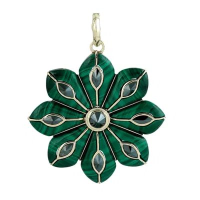 Artisan Women's Green / Blue / Gold 14k Yellow Gold Malachite & Black Diamond Flower Pendant In Multi