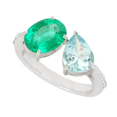 Artisan Women's Green / Blue / White Aquamarine & Emerald Pave Diamond Bypass Ring In White Gold