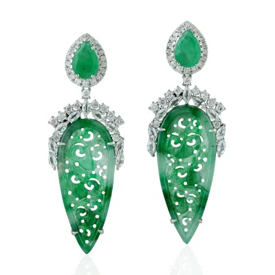 Artisan Women's Green Carved Jade & Emerald Prong Sapphire Dangle Earrings In White Gold