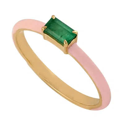 Artisan Women's Green / Gold 18k Yellow Gold Band Ring With Natural Baguette Emerald Handmade Jewelry