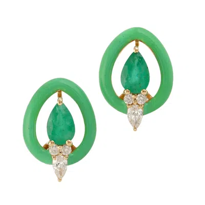 Artisan Women's Green / Gold 18k Yellow Gold Stud Earrings With Emerald, Diamonds & Enamel
