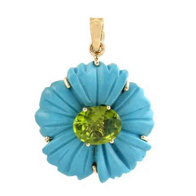 Artisan Women's Green / Gold / Blue Carved Turquoise & Peridot Gemstone Tropical Flower Pendant In 18k Gold In Multi