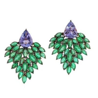 Artisan Women's Green / Gold / Blue Pear Cut Emerald & Tanzanite Gemstone Feather Stud Earrings In Gold