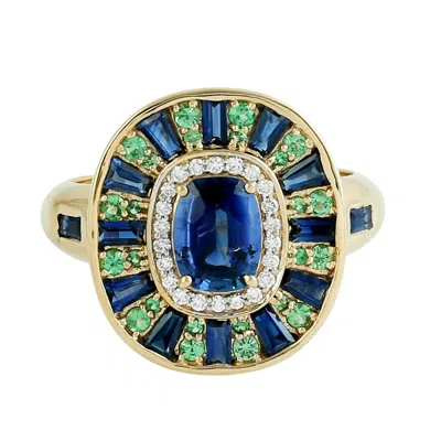 Artisan Women's Green / Gold Blue Sapphire & Tsavorite Gemstone Pave Diamond Cocktail Ring In Gold