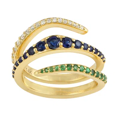 Artisan Women's Green / Gold Blue Sapphire & Tsavorite Gemstone Pave Diamond Spiral Ring In Gold In Multi