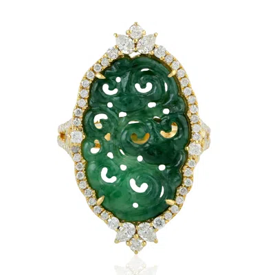 Artisan Women's Green / Gold Carving Jade & Diamond In 18k Yellow Gold Ring