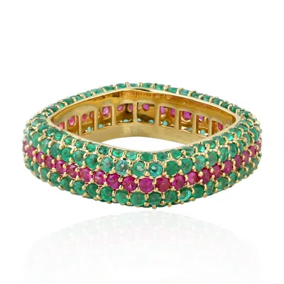 Artisan Women's Green / Gold / Red Emerald And Ruby Gemstone Band Ring In Solid Yellow Gold