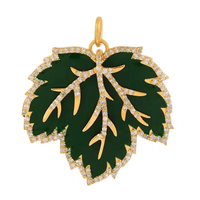 Artisan Women's Green / Gold / White Natural Diamond Leaf Pendant With Enamel In 14k Gold