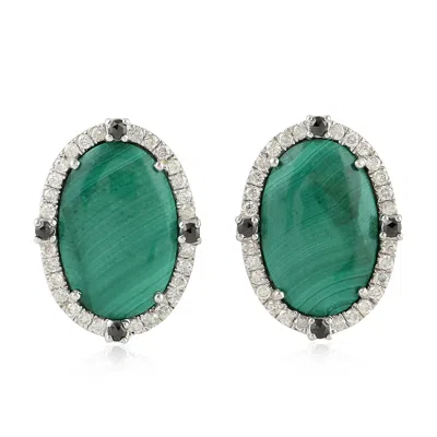 Artisan Women's Green / White 18k White Gold Stud Earrings With Malachite & Diamonds
