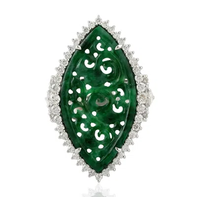 Artisan Women's Green / White 18k White Gold With Carving Jade & Diamond Marquise Ring