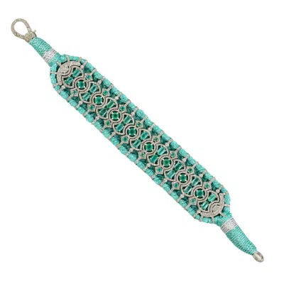 Artisan Women's Green / White 925 Sterling Silver Emerald & Diamond Silk Cord Statement Bracelet In Blue