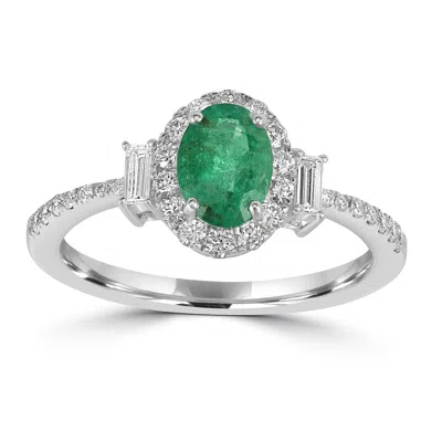 Artisan Women's Green / White Baguette Cut Diamond & Oval Emerald Designer Ring In White Gold In Multi