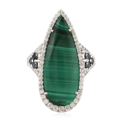 Artisan Women's Green / White / Black Malachite & Spinel Pave Diamond Long Ring In 18k White Gold