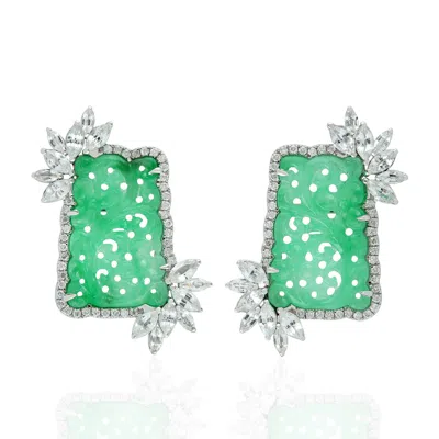 Artisan Women's Green / White Carved Jade & Sapphire Earrings With Diamond Accents In 18k White Gold In Metallic
