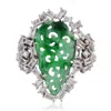 Artisan Women's Green / White Carved Jade Baguette Diamond Statement Ring In White Gold In Metallic