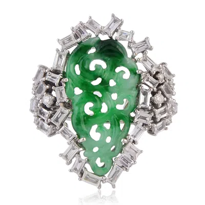Artisan Women's Green / White Carved Jade Baguette Diamond Statement Ring In White Gold In Metallic