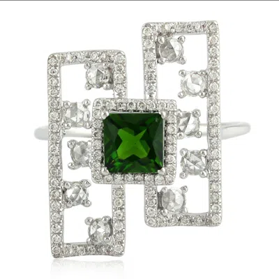 Artisan Women's Green / White Designer Chrome Diopside & Diamond Cocktail Ring In White Gold In Silver