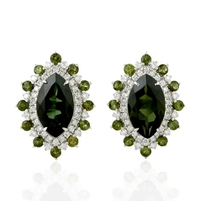 Artisan Women's Green / White Designer Green Tourmaline Diamond Stud Earrings In 18k White Gold