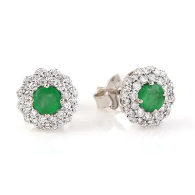 Artisan Women's Green / White Emerald Birthstone & Diamond Stud Earrings In 18k White Gold In Multi