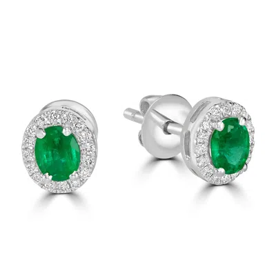 Artisan Women's Green / White Emerald Gemstone Prong Diamond Stud Earrings In White Gold