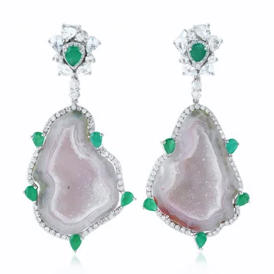 Artisan Women's Green / White Geode, Emerald & White Sapphire Dangle Earrings With Pave Diamonds In White Go In Multi