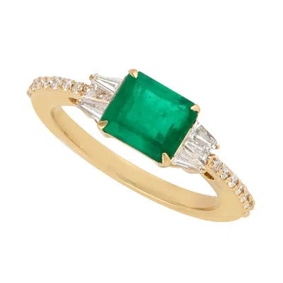 Artisan Women's Green / White / Gold 18k Yellow Gold Emerald & Baguette Diamond Ring