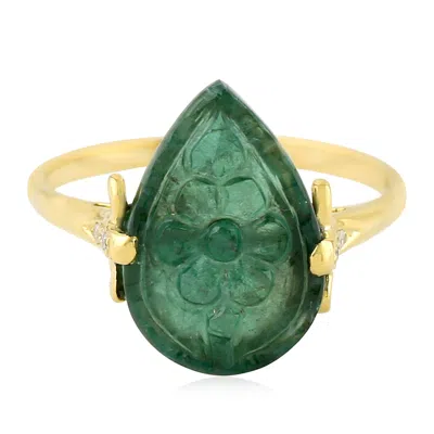Artisan Women's Green / White / Gold Carved Emerald Pave Diamond Cocktail Ring In 18k Yellow Gold – Designer In Multi