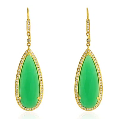 Artisan Women's Green / White / Gold Chrysoprase Pave Diamond Ear Hook Dangle Earrings In 18kt Gold In Multi