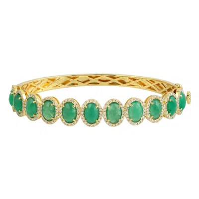 Artisan Women's Green / White / Gold Emerald Gemstone & Pave Diamond Designer Bangle In 18k Gold In Multi