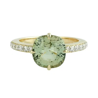Artisan Women's Green / White / Gold Natural Green Tourmaline & Diamond Band Ring In Yellow Gold In Multi