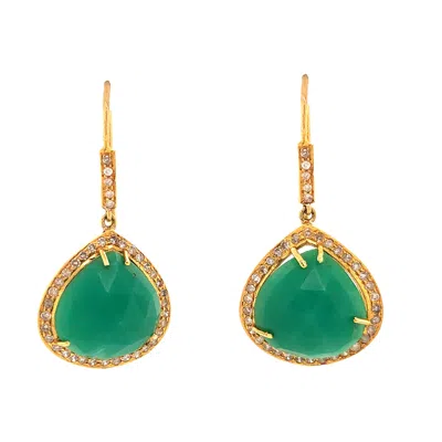 Artisan Women's Green / White / Gold Pear Cut Chrysoprase & Diamond Ear Hook Earrings In Gold In Multi