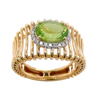 Artisan Women's Green / White / Gold Peridot & Diamond Halo Solitaire Ring In 18k Yellow Gold