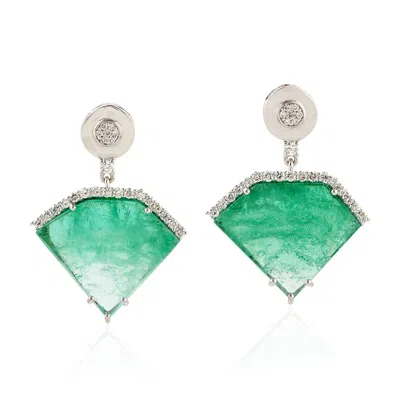 Artisan Women's Green / White Natural Emerald Dangle Earrings 18k White Gold Bezel Diamond