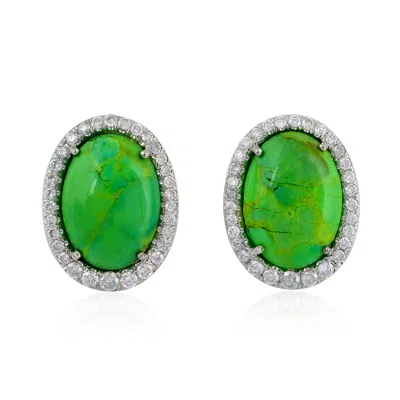 Artisan Women's Green / White Oval Green Turquoise & Pave Diamond Stud Earrings In White Gold – Fine Jewelry In Multi