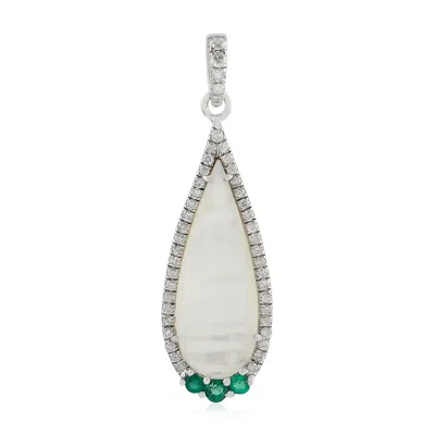 Artisan Women's Green / White Pear Cut Pearl & Emerald Gemstone Pave Diamond Pendant In White Gold