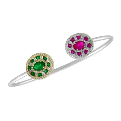 Artisan Women's Green / White / Pink Baguette Ruby & Emerald Pave Diamond Cuff Bracelet In White Gold