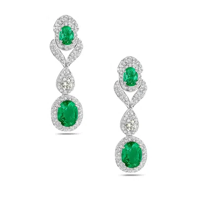 Artisan Women's Green / White Solid White Gold Natural Emerald Dangle Earrings Handmade Jewelry In Green/white