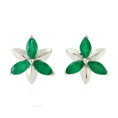 Artisan Women's Green / White Statement Flower Stud Earrings With Marquise Emerald In 14k White Gold In Multi