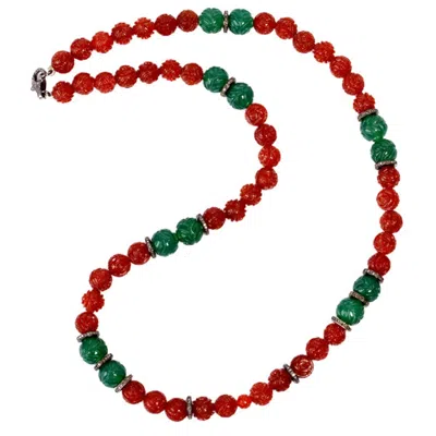 Artisan Women's Green / Yellow / Orange Onyx & Agate Diamond Carving Beaded Necklace In 925 Silver In Red