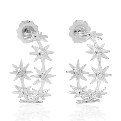 Artisan Women's Luxury Star-design Diamond Hoop Earrings In 18k White Gold In Metallic
