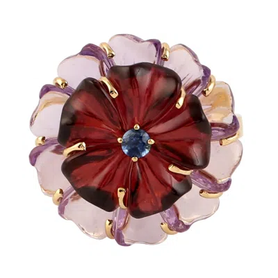 Artisan Women's Mixed Gemstone & Sapphire Flower Ring In 18k Yellow Gold In Pink