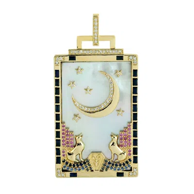 Artisan Women's Moonlit Fox Pendant In Yellow Gold – Diamond & Sapphire Charm With Mother-of-pearl Sky