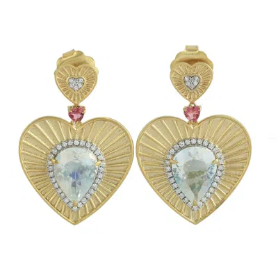Artisan Women's Moonstone Blue & Pink Tourmaline Pave Diamond Heart Dangle Earrings In Gold