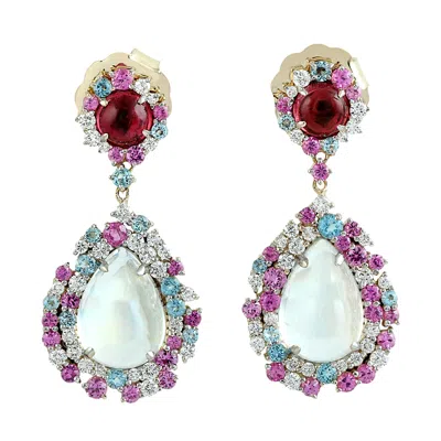 Artisan Women's Moonstone Blue & Sapphire Multi Gemstone Prong Diamond Dangle Earring In Gold