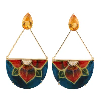 Artisan Women's Mop & Citrine Gemstone Chandelier Earrings In Gold – Pave Diamond & Bakelite Statement Jewel