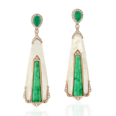Artisan Women's Mop & Jade Pear Cut Emerald Pave Dangle Dangle Earrings In Rose Gold