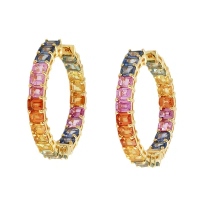 Artisan Women's Multi Color Sapphire Gemstone Hoop Earrings In Yellow Gold