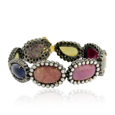 Artisan Women's Multi Sapphire & Ruby With Pearl Pave Diamond In 18k Gold 925 Silver Fixed And Flexible Brac