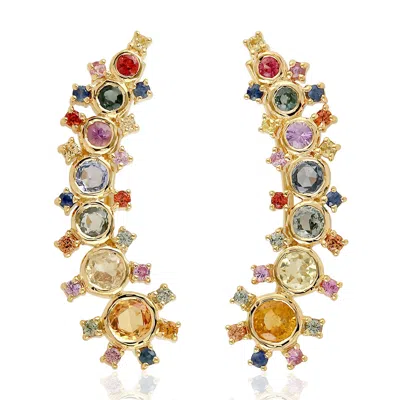 Artisan Women's Multi Sapphire Gemstone Ear Climber Earrings In Yellow Gold