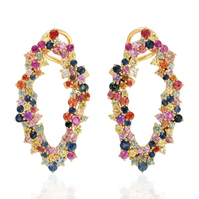 Artisan Women's Multicolor Sapphire Gemstone Dangle Clip On Earrings In Yellow Gold